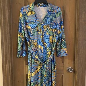 J. McLaughlin Brynn Shirt
Dress Womens XL Blue
Green Yellow Palm Tropical
Belted
